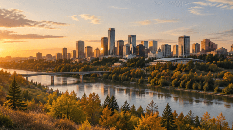 Skyline von Edmonton bei Sonnenuntergang am Flusstal