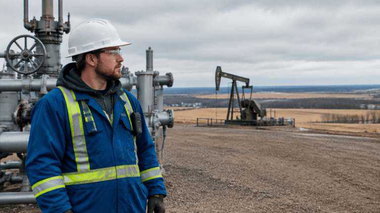 Oel- und Gasarbeiter vor einer Pumpjack-Anlage in Alberta