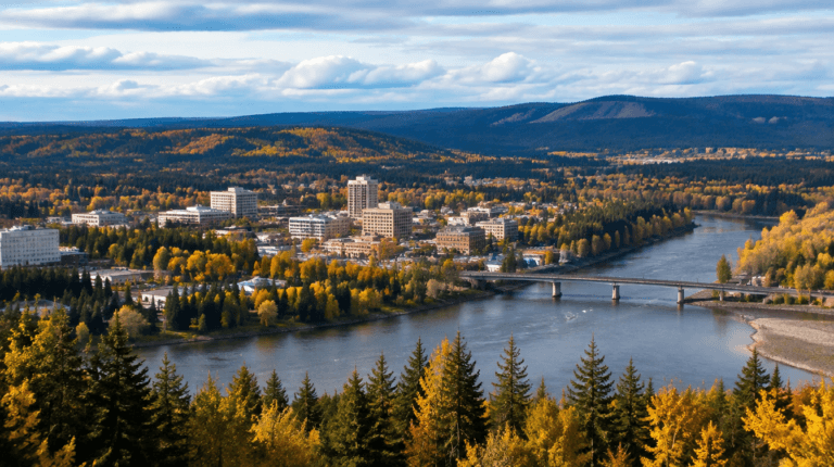 Stadtansicht von Prince George BC mit Fluss und Bruecke