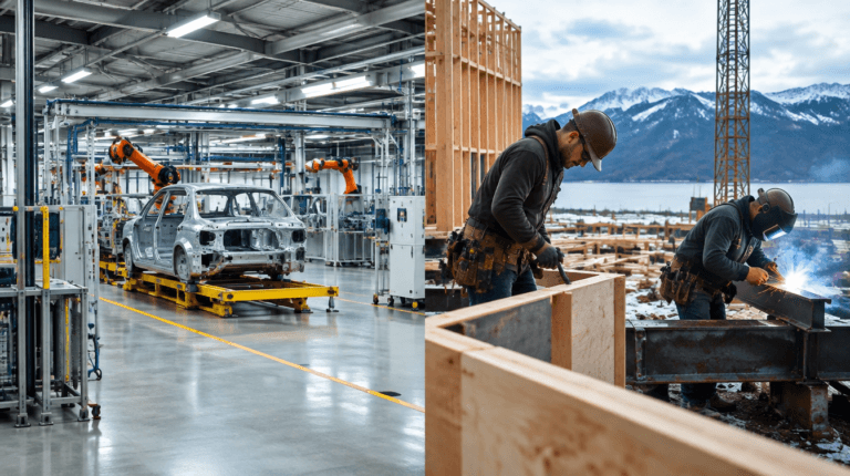 Deutsche Autofabrik im Vergleich zu kanadischer Baustelle mit Handwerkern