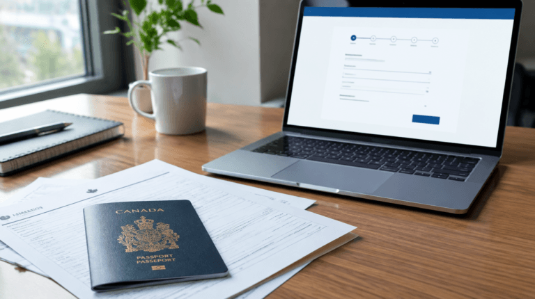 Kanadischer Reisepass und Visa-Antragsformulare auf einem Schreibtisch